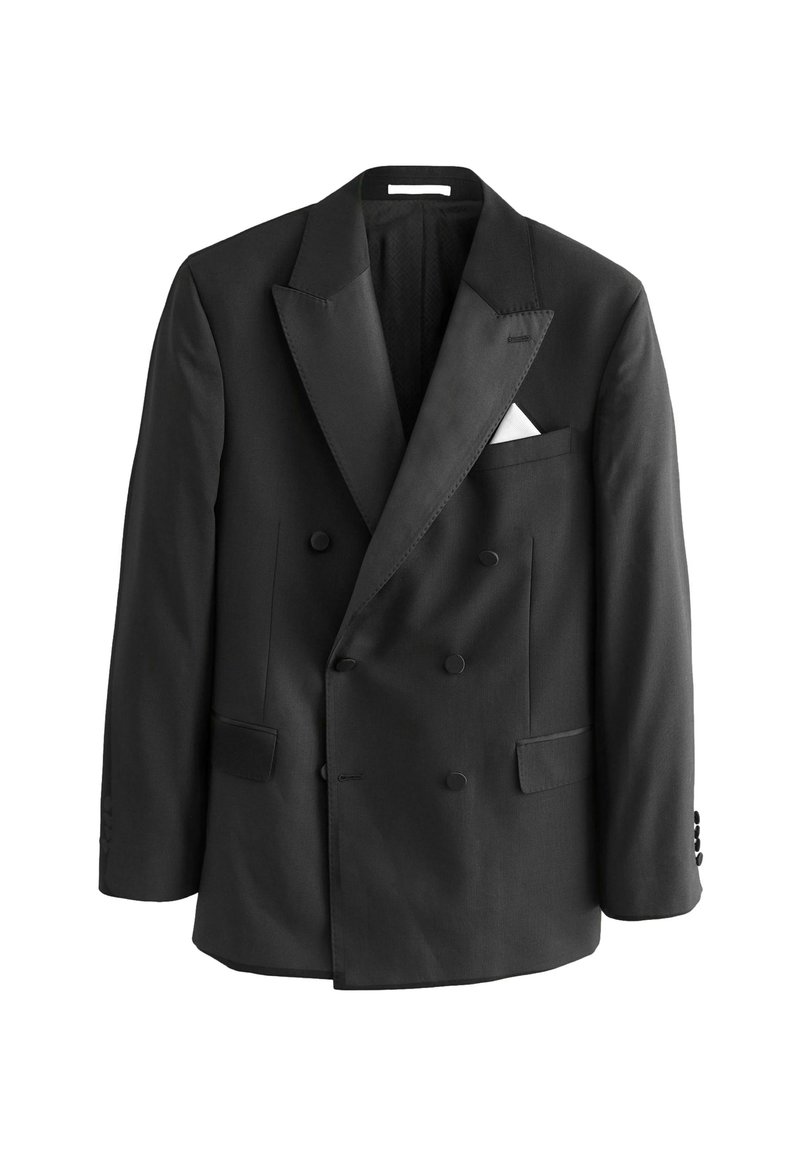 Schwarze, doppelt geknöpfte Smokingjacke mit satinierter Revers, zwei Fronttaschen, Taschentuch und drei Knopfdetails an den Ärmeln.