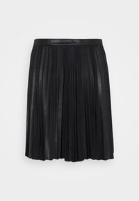 Falda de piel sintética negra con plisados, que presenta una cinturilla ajustada y un delicado detallado de encaje texturizado a lo largo de los plisados, creando un diseño sofisticado.