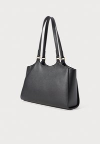 Black synthetic handbag with two elongated straps, smooth texture, and structured silhouette. Features gold-tone hardware accents.