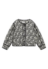 Zwart-witte gewatteerde jas met bloemenpatroon, lange mouwen, ronde halslijn en zwarte afwerking langs de randen en knopen.