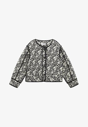 Blumenmusterte schwarz-weiße gesteppte Jacke mit langen Ärmeln, rundem Ausschnitt und schwarzem Besatz entlang der Kanten und Knöpfe.