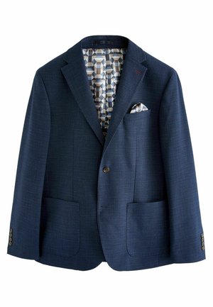 Navy blazer with textured fabric, single button, two front pockets, and a geometric patterned lining. Includes a matching pocket square.
