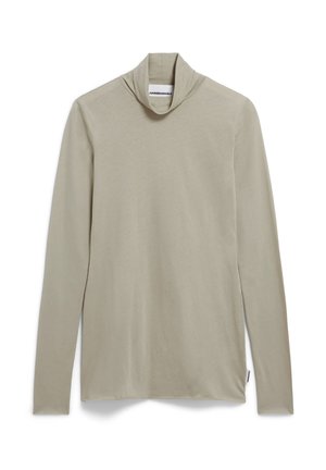 Maglione a maniche lunghe con colletto alto di colore beige chiaro. Realizzato in tessuto morbido e leggero, con colletto drappeggiato e spacchi laterali sull'orlo.