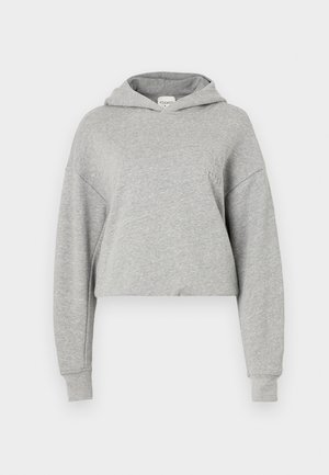 Sweatshirt cinzento cortado, feito de um tecido macio, com capuz, mangas compridas e um detalhe de logo subtil no peito.