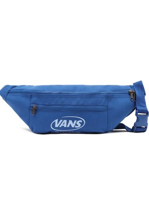 Sac banane bleu Vans avec deux compartiments zippés et une sangle réglable avec boucle en plastique sur fond blanc.