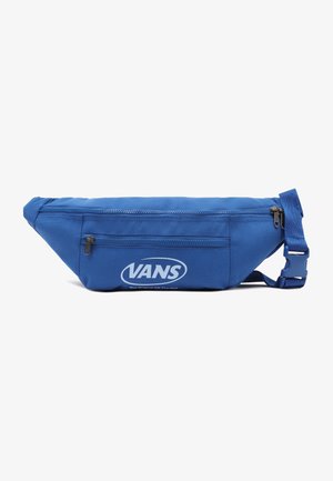 Blauwe Vans heuptas met twee ritsvakken en een verstelbare band met plastic gesp op een witte achtergrond.