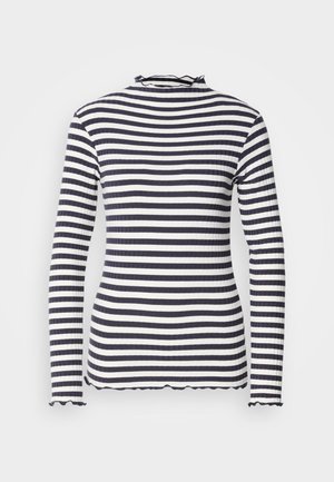 Gestreepte longsleeve top met een hoge hals. Kenmerkt zich door afwisselende donkerblauwe en witte horizontale strepen, een ribbelstructuur en een geschulpte zoom.