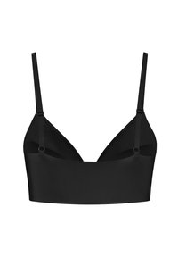 Reggiseno nero con una texture liscia, coppe triangolari, spalline regolabili e una fascia larga sotto le coppe. Finitura opaca classica.
