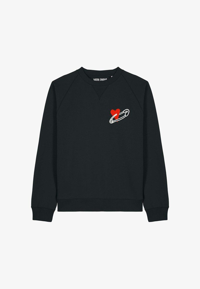 Zwarte sweatshirt met lange mouwen, v-hals, met een rode hart- en veiligheidsspeldafbeelding aan de voorkant. Gemaakt van een katoenmix.