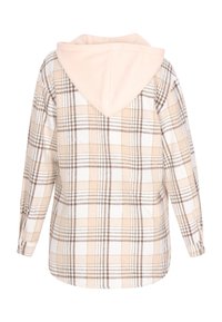 Rutig flanellskjorta i beige och kräm, med en mjuk rosa huva, långa ärmar och rundad nederkant. Texturerad tyg med ett rutmönster.