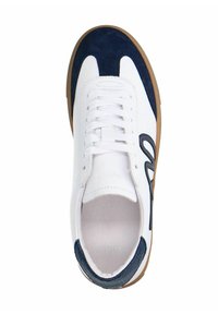 White sneaker with navy suede accents, featuring a round toe, lace-up design, and a textured brown rubber sole.