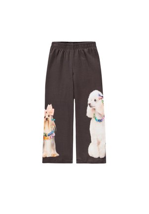 Pantalon noir à taille élastique avec des motifs imprimés de deux chiens portant des colliers colorés et des nœuds près des bas.