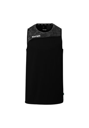 Black sleeveless sports jersey with textured dark gray panel and white "Kempa" logo on the upper left chest area.