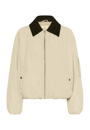 Beige színű, cipzáros bomber dzseki sötétbarna kordbársony gallérral, elasztikus mandzsettákkal és aljjal, patentos zsebekkel és ujjzseb zippel.