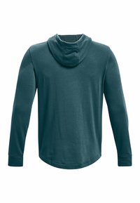 Felpa con cappuccio in misto cotone color teal scuro. Presenta maniche lunghe, orlo arrotondato e una texture morbida senza motivi o hardware visibili.