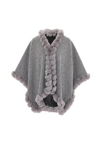 Grauer Poncho mit strukturierter Außenseite, weichem Kunstfellbesatz an den Kanten und offenem Design.