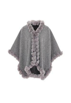 Grauer Poncho mit strukturierter Außenseite, weichem Kunstfellbesatz an den Kanten und offenem Design.