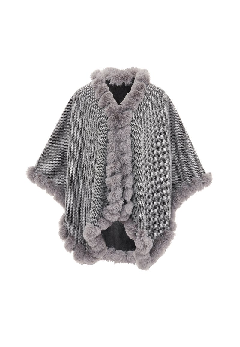Grauer Poncho mit strukturierter Außenseite, weichem Kunstfellbesatz an den Kanten und offenem Design.