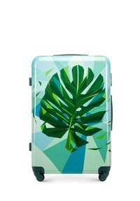 Maleta rígida con un acabado brillante en teal claro, que presenta un gran diseño de hoja geométrica verde y ruedas de color azul oscuro.