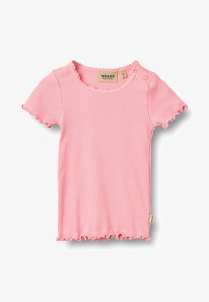 T-shirt rose côtelé à manches courtes avec col et ourlet festonnés, doté de boutons-pression sur l'épaule gauche pour un habillage facile.