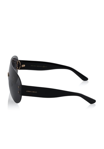 Lunettes de soleil noires avec des montures rondes, des verres teintés et des accents dorés. Elles présentent un logo sur la branche et une texture de surface lisse.