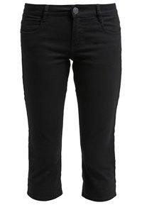 Jean slim noir raccourci avec bouton et fermeture éclair devant, avec poches avant et arrière et passants pour ceinture.