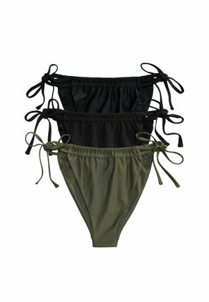 Three women's bikini bottoms in black, dark charcoal, and olive green, each with adjustable side ties and gathered elastic waistbands.