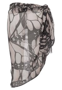 Paréo noir et blanc transparent avec un motif d'ailes de papillon, noué à la taille montrant un tissu superposé et fluide.