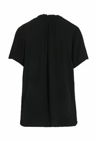 Blouse noire à manches courtes avec col haut froncé et coupe ample, vue de dos sur fond blanc.