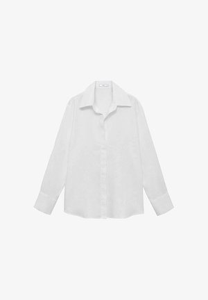 White long-sleeve shirt made from a smooth fabric. Features a classic collar, button placket, and buttoned cuffs with a relaxed fit.