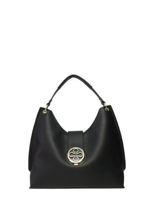 Borsa hobo in pelle nera con finitura texturizzata, caratterizzata da un emblema floreale in tonalità oro e una singola maniglia superiore per il trasporto.