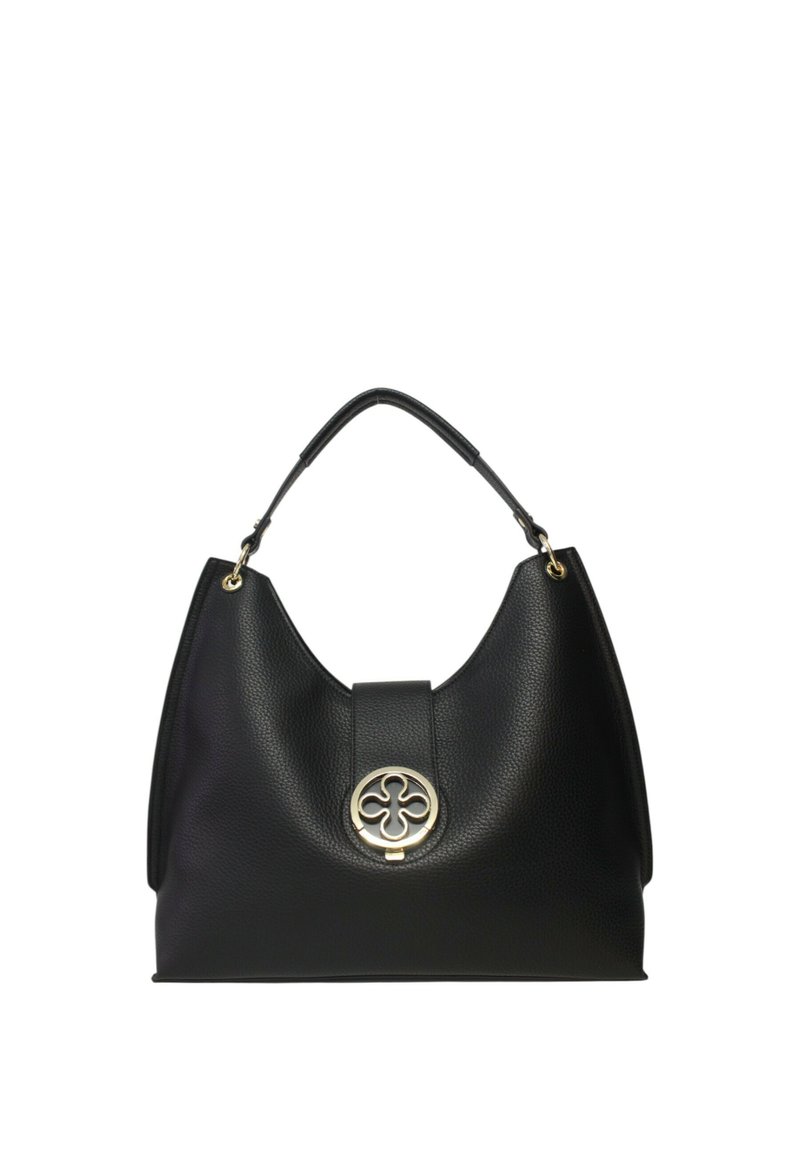 Sac hobo en cuir noir avec une finition texturée, présentant un emblème floral en métal doré et une seule anse supérieure pour le transport.