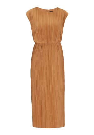 Plissee-Midi-Kleid in warmem Braun, mit kurzen Ärmeln, einem runden Halsausschnitt und einer gerafften Taille für eine A-Linien-Silhouette.