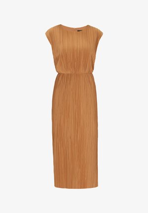 Plissee-Midi-Kleid in warmem Braun, mit kurzen Ärmeln, einem runden Halsausschnitt und einer gerafften Taille für eine A-Linien-Silhouette.