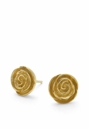 Kolczyki sztyfty w złotym kolorze w kształcie stylizowanych róż z fakturowanym, spiralnym wzorem płatków na białym tle.