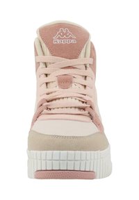 High-top sneakers made of soft pink and beige suede, featuring a textured white sole and a central logo on the tongue.