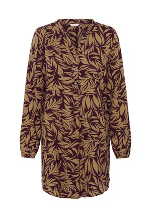 Pitkähihaisen puseron syvä V-pääntie, jossa on viininpunainen tausta ja abstrakteja vaaleanruskeita lehvämalleja. Nappikiinnitys edessä ja korotetut hihansuut.