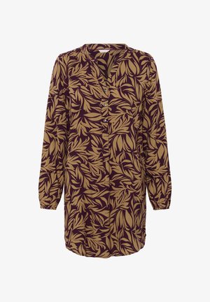 Ilga rankovė blouse su giliu V formos iškirpimu, raudonmedžio spalvos fonu ir abstrakčiais rusvais lapų raštais. Klostuota priekyje su mygtukais ir surinktomis rankovėmis.