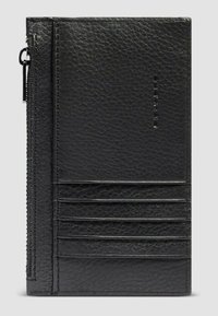 Zwarte lederen portemonnee met een gestructureerde afwerking, meerdere kaartvakken en een ritssluiting aan de zijkant. Minimalistisch ontwerp, compacte vorm.