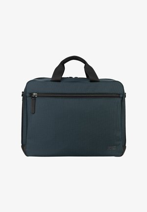 Mallette mince de couleur gris foncé avec poignées noires, poche zippée à l'avant et logo JEST en bas à droite.