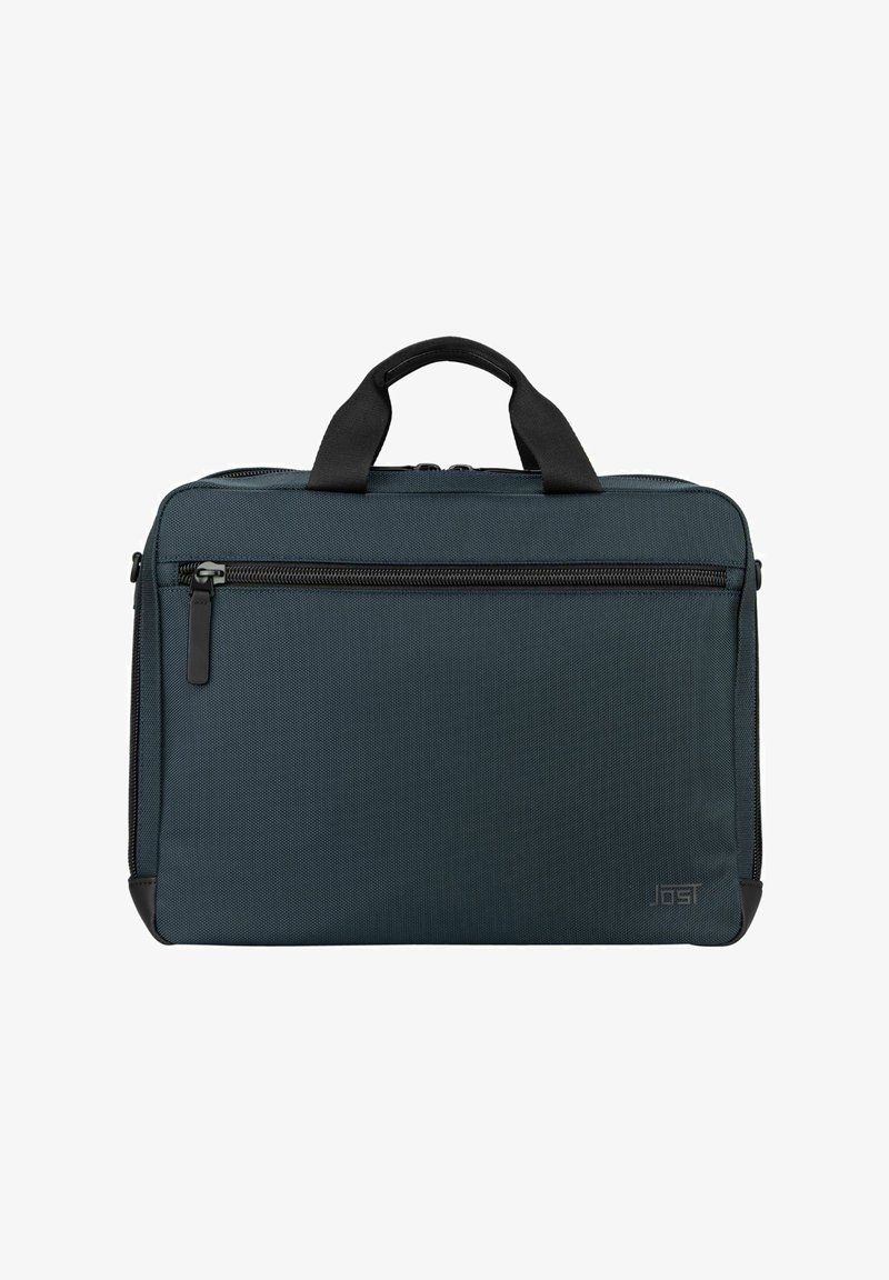Mallette mince de couleur gris foncé avec poignées noires, poche zippée à l'avant et logo JEST en bas à droite.