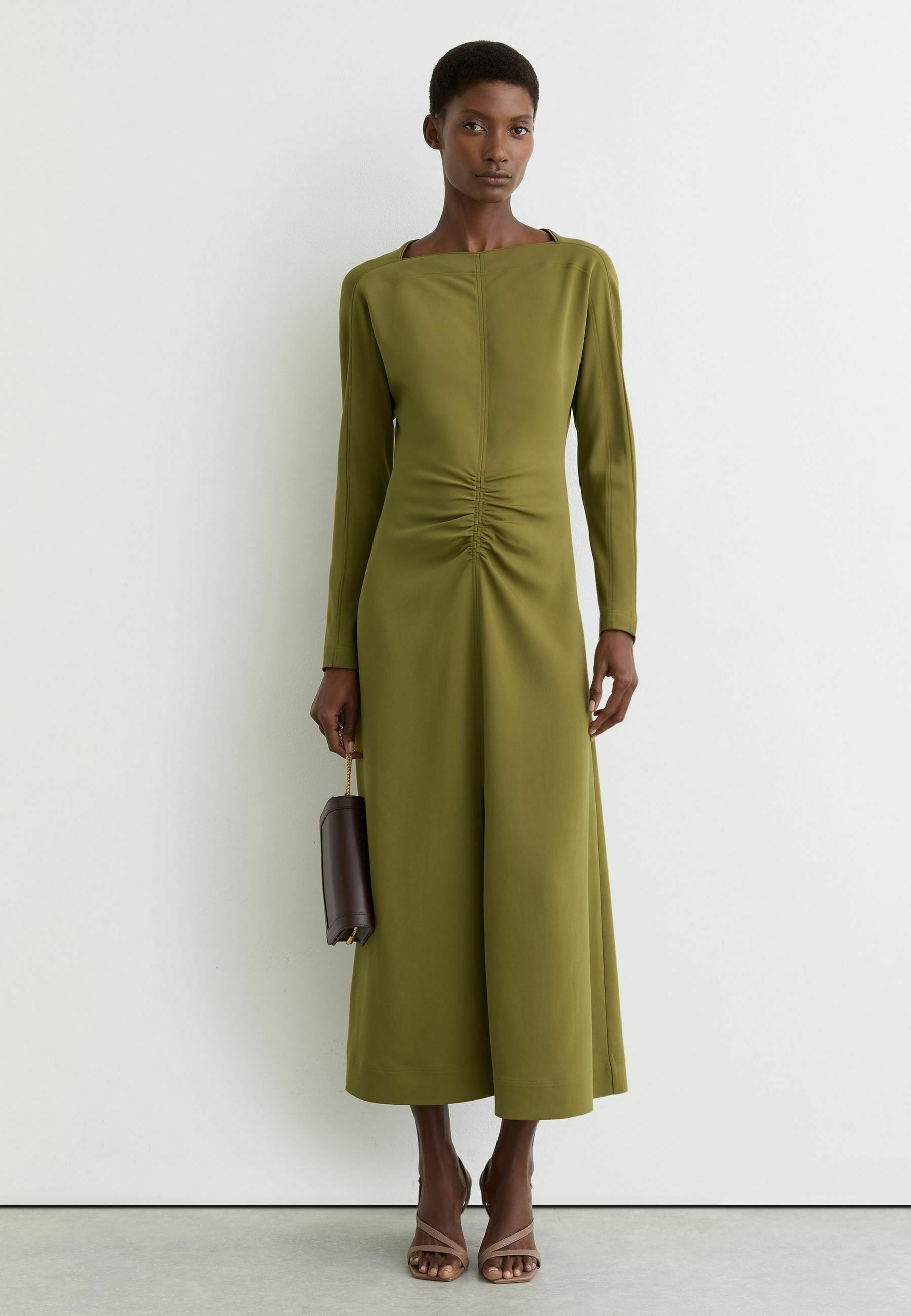 reiss olive green dress Reiss Satin Drape Tuck Midi Dress in Green