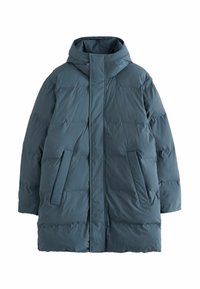 Puffiger türkisfarbener Parka mit Kapuze, Frontreißverschluss, zwei seitlichen Taschen und einer gesteppten Textur zur Isolierung. Glatte Stoffoberfläche.