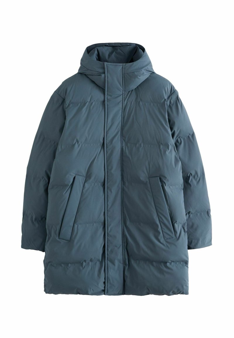 Puffiger türkisfarbener Parka mit Kapuze, Frontreißverschluss, zwei seitlichen Taschen und einer gesteppten Textur zur Isolierung. Glatte Stoffoberfläche.