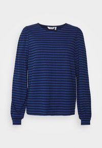 Long-sleeve top with a rounded neckline, featuring horizontal blue and black stripes, made from a textured fabric. Puff sleeves at shoulders.
