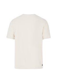 Korte mouw t-shirt van lichtbeige katoen. Beschikt over een ronde hals en een klein logo-label op de lagere zoom. Gladde textuur, minimalistisch ontwerp.