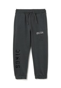 Grijze sweatpants met een elastische tailleband, trekkoord, zijzakken en een logo-opdruk van Sonic the Hedgehog op de voorkant.