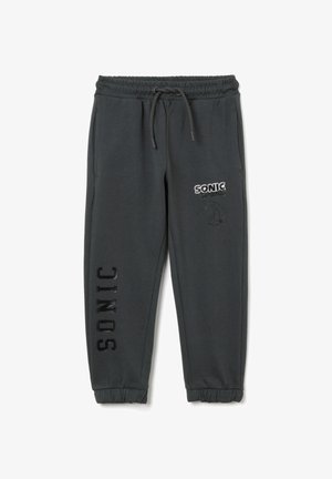 Graue Jogginghose mit elastischem Bund, Kordelzug, Seitentaschen und einem Logo-Druck mit Sonic the Hedgehog auf der Vorderseite.