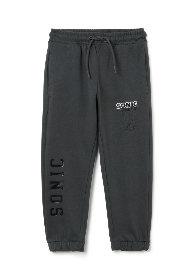 Grijze sweatpants met een elastische tailleband, trekkoord, zijzakken en een logo-opdruk van Sonic the Hedgehog op de voorkant.