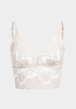 Lace bralette in off-white featuring floral pattern, V-neck design, adjustable straps, and a scalloped hem for added detail.